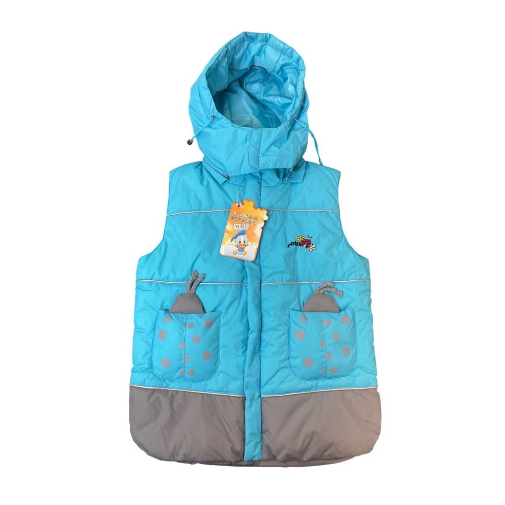 Miqitongxiaoya Hooded Puffer Vest With Cartoon Design Blue & Gray Size M - New